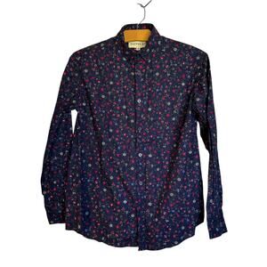 Dapper Boi Essential Long Sleeve Button-Up Shirt Pocket Blue Floral Top Size XS